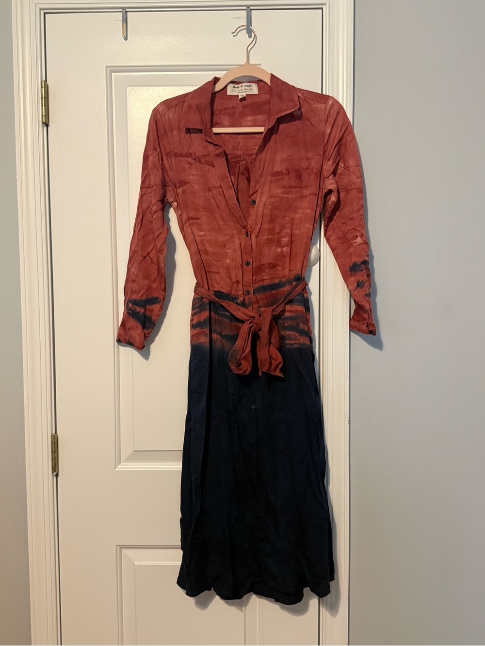 Anthropologie Cloth & Stone Tie Dye Ombre Tencel Shirt Dress Rust Navy PXS